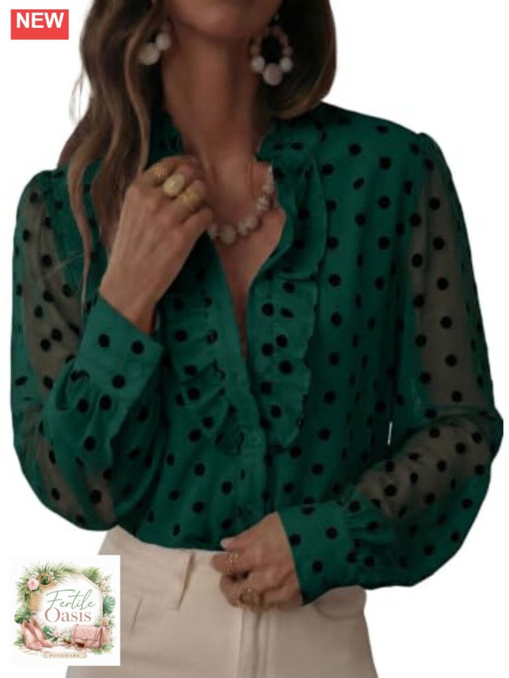 Polka Dot Blouse Mesh Sleeve Button Up Shirt Women's Mock Neck Ruffle Trim Work